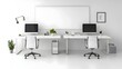 © NKCoolper - Minimalist 3D rendered white desk setup with blank wall mockup for clean and open office interior design  Bright and modern workspace with computer monitor perfect for professional