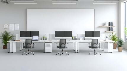 Poster - Bright and spacious white office interior with modern desk computer monitors and a large blank wall for product mockups or digital presentations in a minimalist clean and organized workspace design