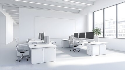Aufkleber - Minimalist 3D Rendered Office Interior with White Desks Computer Monitors and Blank Wall Mockup for Clean Modern and Functional Workspace Design