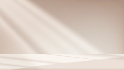 Poster - Background Beige Wall Studio Room and White Light,Shadow on Podium Stage for Product,Empty Autumn Backdrop.Fall Season scene banner with sunlight on floor texture,Interior Kitchen with blur gradient
