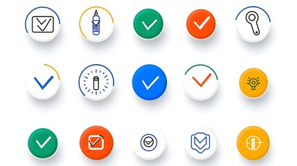 Fototapete - icons in a clean line style designed for use in applications and web interfaces  These icons feature various symbols and graphics related to inspection testing certification and compliance processes