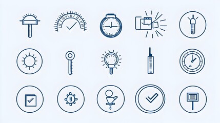 Poster - Set of clean line art style control icons for web and mobile applications featuring testing certification approval and assurance symbols on a white background
