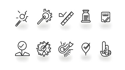 Poster - Set of minimalist line art icons symbolizing various aspects of control testing and inspection processes  The icons feature a clean simple design style suitable for use in web interfaces