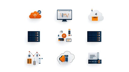 Leinwandbilder - Line style icons and symbols for web hosting data exchange and cloud service applications on a clean white background  Minimalist graphic design for technology digital solutions