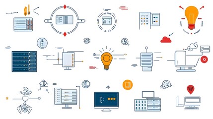 Leinwandbilder - Sleek and minimalist web hosting icon set with clean line art style including server traffic symbols webspace elements and other digital technology icons on a white background
