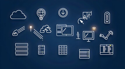 Leinwandbilder - Collection of Hosting Icons Displayed in Clean Line Art Style Featuring Server Cloud Website and Traffic Symbols on a Crisp White Background Representing Digital Technology Internet Services