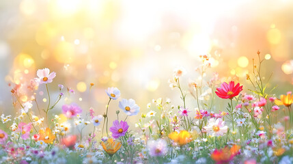Wall Mural - Colorful flower meadow with sunbeams and bokeh lights in summer - nature background banner with copy space - summer greeting card wildflowers spring concept