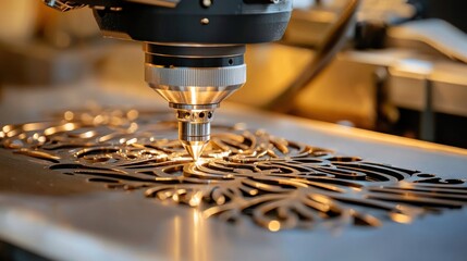 Poster - Intricate Laser Cutting Process Engraving Ornate Designs on Metal Sheet in Modern Workshop with Precision Tools and Artistic Touch