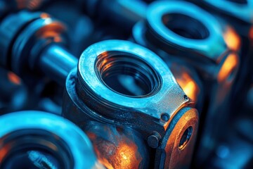 Poster - Close-up Macro Shot of Diesel Engine Connecting Rods with Detailed Focus on Metal Texture and Industrial Design Elements in a Modern Engine Assembly