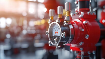Poster - High-Precision Pressure Gauge on Red Industrial Valve in a Manufacturing Facility, Capturing the Essence of Modern Engineering and Efficiency in Production Processes