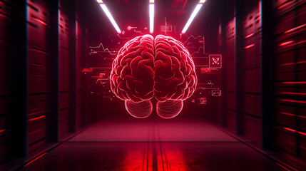 Wall Mural - futuristic brain visualization in red neon glow