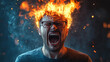 © Oleksandr - A man with an intense, enraged expression and flames surrounding his head, symbolizing stress, anger, and mental breakdown in a surreal, dramatic style.