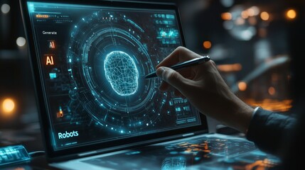 A hand uses a stylus to interact with a futuristic laptop screen displaying a digital brain, signifying the concept of artificial intelligence.