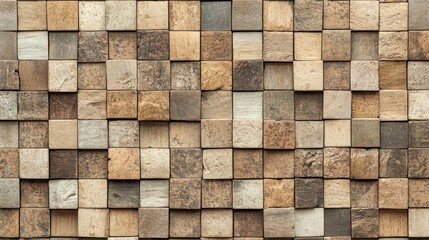 Wall Mural - Rustic wooden block mosaic with varied natural tones, creating an earthy textured background
