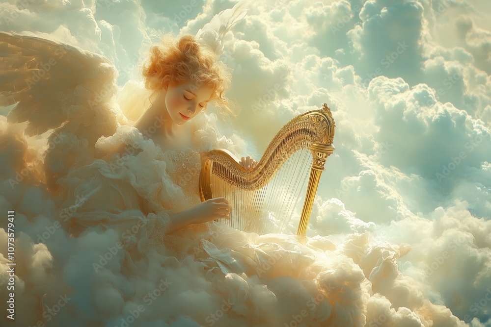 A shimmering angel perched atop a cloud, holding a golden harp and gazing down with a serene smile. The ethereal setting is filled with soft pastel hues and a tranquil atmosphere