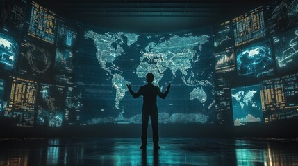 Wall Mural - silhouette of a man in front of a world map on a screen