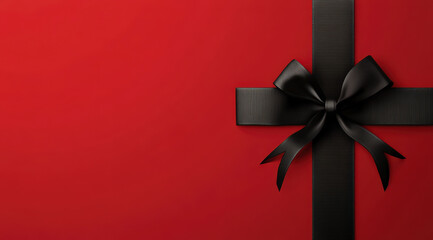 Wall Mural - black gift bow with ribbon on red background