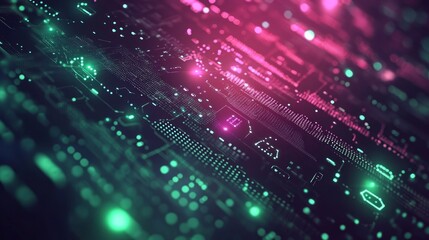 Abstract digital background with glowing circuit board pattern in pink and green.