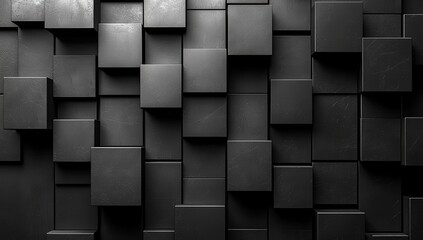 Poster - Black background with squares. Abstract geometric pattern of cubes in dark tones on a black background. Modern wallpaper for design, banner, or cover. 