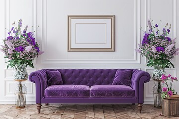 Wall Mural - purple sofa with flowers and frame