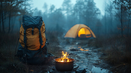 Poster - A backpack sits near a campfire in front of a tent in a foggy forest.