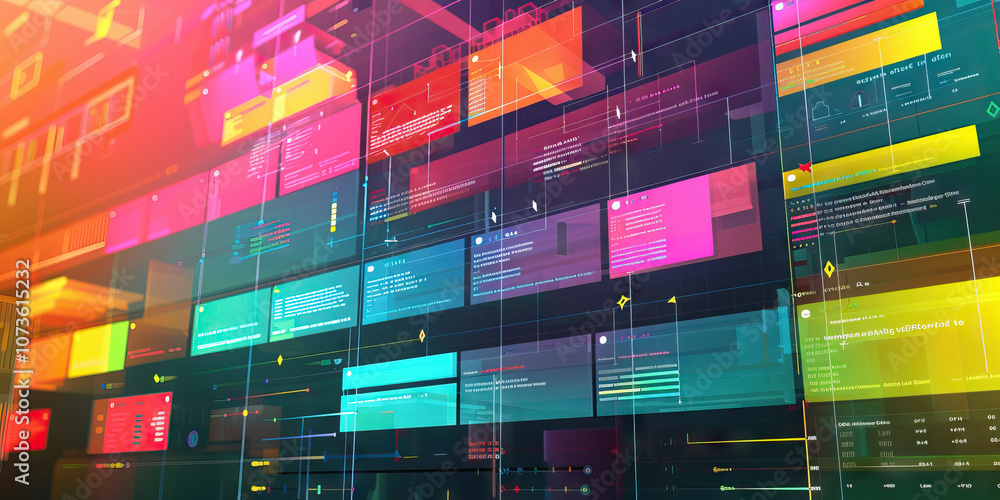 A vibrant concept chart, divided into columns and rows with color-coded ...