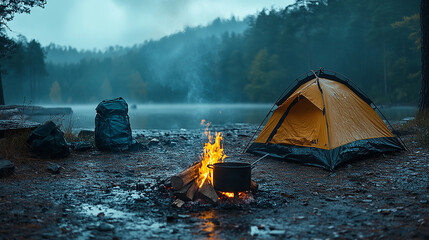 Canvas Print - A campfire burns beside a tent and a backpack on a misty lake shore.