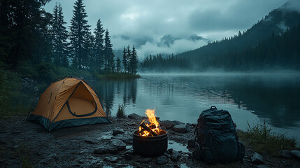 Canvas Print - A campfire burns beside a tent and backpack on the edge of a misty lake in the mountains at dusk.