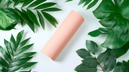 Wall Mural - pink paper roll mockup surrounded by green leaves on a white background.