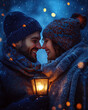 © Thitiphan - A joyful couple shares a tender moment amidst falling snow, holding a glowing lantern, radiating love and warmth against the serene winter backdrop.