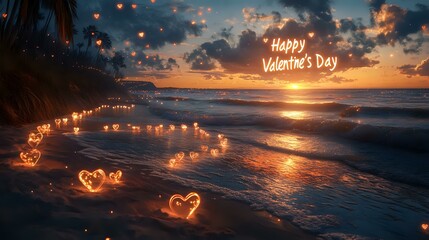 Wall Mural - valentine's beachside candlelight dinner, waves softly crashing, heart-shaped candles lining the sho