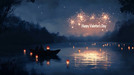 Wall Mural - valentine's boat ride on a peaceful lake with lanterns floating and a radiant happy valentine's day 