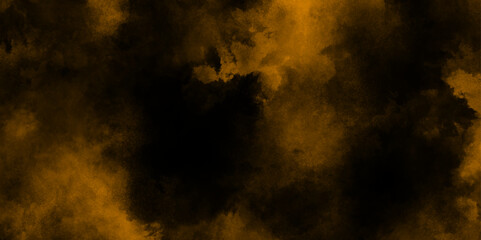 abstract Empty Dark Stage with Brown Mist Fog, beautiful blurred bokeh background with copy space, Orange color powder explosion isolated on black background. 