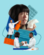 © master1305 - Woman sneezing with medical staff on background holding medications, healthcare support during cold season. Contemporary art collage. Concept of medicine, health care, medical treatment