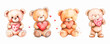 © Narin - Set of cute watercolor teddy bears holding hearts. A symbol of confession of love, St. Valentine's Day, etc. Watercolor romantic elements.