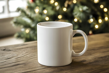 Wall Mural - A simple white coffee mug for mockup sits on a rustic wooden table in front of a softly lit Christmas tree during the holiday season.