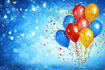 Colorful balloons with confetti on a bright blue background, perfect for celebrations.