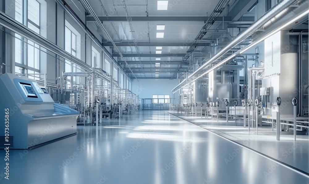 A clean and modern industrial factory interior with stainless steel ...