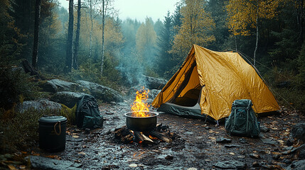 Canvas Print - A yellow tent is pitched in a misty forest with a campfire burning in the foreground.