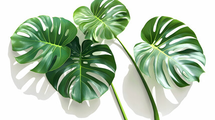 Wall Mural - three lush green monstera leaves with shadows on a white background.
