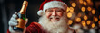 © Irina - Cheerful Santa Claus is tipsy with a bottle of champagne in his hands. A Christmas card. New Year's blurred photophone with lights