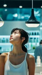 Wall Mural - a young woman in a white tank top looks up at a light fixture in a modern, brightly lit interior