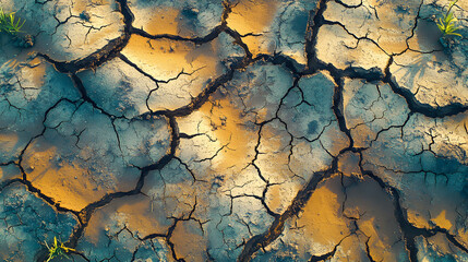 Dry, ground and drought as top view in natural disaster for climate change with cracks, soil or mud. Surface, sand and texture of environment as summer heatwave in Texas, patterns or global warming