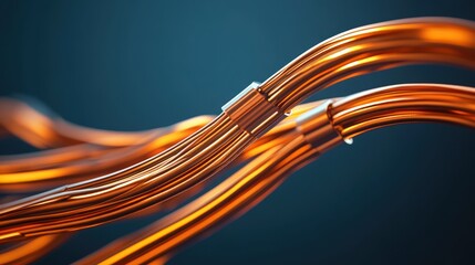 Fototapete - Abstract Representation of Intertwined Copper Wires with a Dynamic Flow Illuminated by Soft Glowing Light on a Gradient Background