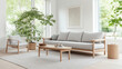 © Elena - A bright, minimalist living room with natural wood furniture, light fabrics, and lush greenery, creating a serene and modern atmosphere.