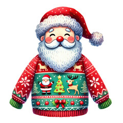 Wall Mural - Cheerful Santa Claus Dressed in a Festive Sweater Surrounded by Joyful Friends Celebrating the Holiday Spirit with Laughter and Cheerful Decorations