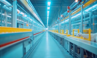 Poster - A long, sterile corridor of an industrial production facility with conveyor belts and stainless steel equipment.