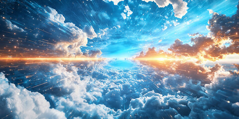 Poster - vibrant digital sky scene with dynamic clouds and radiant light beams, creating sense of wonder and movement. interplay of colors and textures evokes dreamlike atmosphere