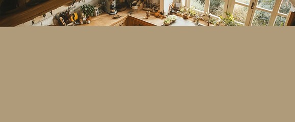 Wall Mural - A rustic kitchen with a wooden countertop and windows overlooking a garden.