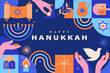 © tandav - Happy Hanukkah greeting card with symbols of Jewish holiday. Template for banner, flyer with Torah, menorah candles, dreidels, donuts, oil jar, star David and place for your text. Vector illustration.